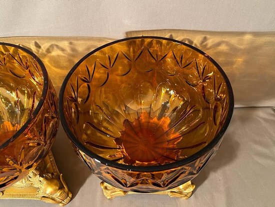 PAIR OF IMPORTANT BOHEMIAN CRYSTAL GOBLETS CUT SMOKED AND GILT BRONZE