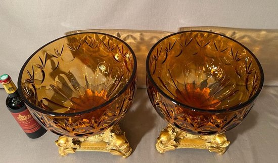 PAIR OF IMPORTANT BOHEMIAN CRYSTAL GOBLETS CUT SMOKED AND GILT BRONZE