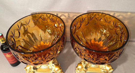 PAIR OF IMPORTANT BOHEMIAN CRYSTAL GOBLETS CUT SMOKED AND GILT BRONZE