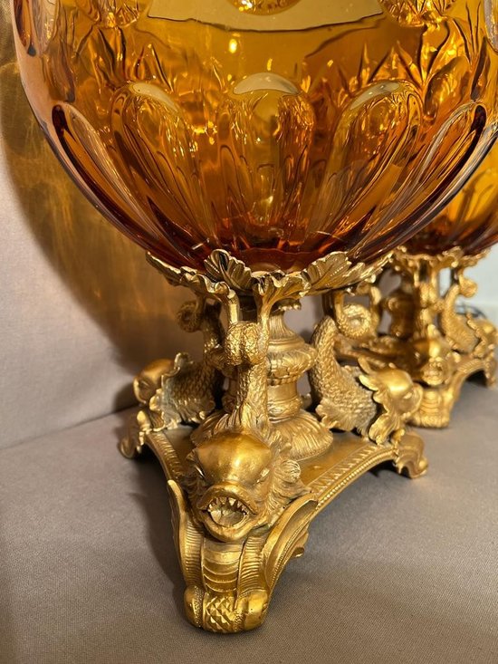 PAIR OF IMPORTANT BOHEMIAN CRYSTAL GOBLETS CUT SMOKED AND GILT BRONZE