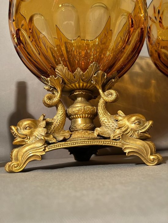 PAIR OF IMPORTANT BOHEMIAN CRYSTAL GOBLETS CUT SMOKED AND GILT BRONZE