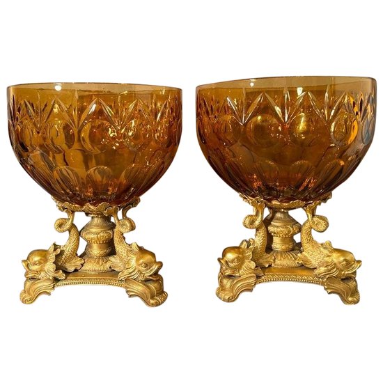 PAIR OF IMPORTANT BOHEMIAN CRYSTAL GOBLETS CUT SMOKED AND GILT BRONZE