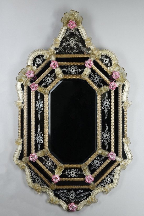 Specchio rococò con perle in vetro di Murano, inizio '900