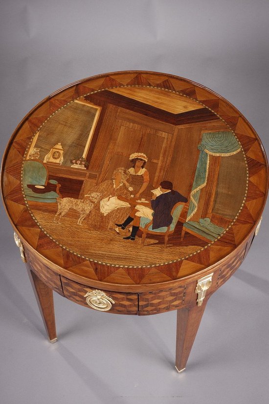 Table à Jeu Et Son Bouchon à Décor De Marqueterie Style Louis XVI