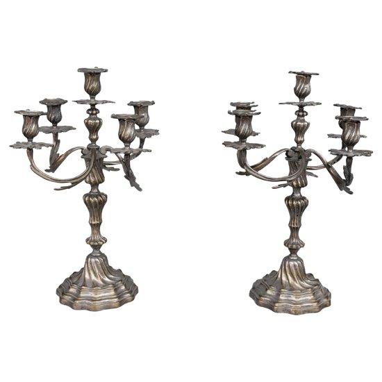 Pair Of Candlesticks In Silver Metal Louis XV Style With 6 Lights