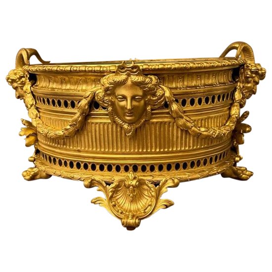 IMPORTANTE JARDINIERE DE TABLE XIXème bronze doré Napoléon à décor de mascarons