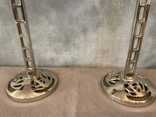 Pair Of Chrome Plated Metal Candle Holders About 1960