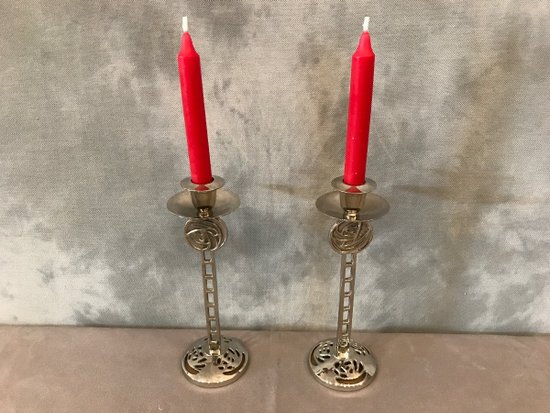 Pair Of Chrome Plated Metal Candle Holders About 1960