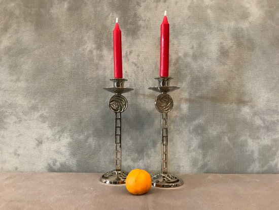 Pair Of Chrome Plated Metal Candle Holders About 1960