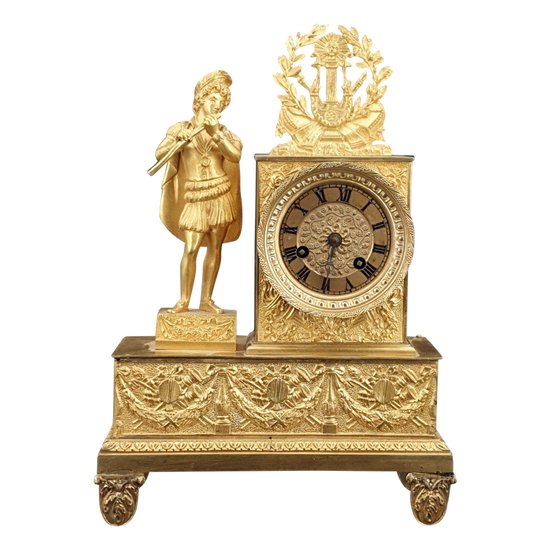 Empire Clock In Gilded Bronze, Height 27 Cm