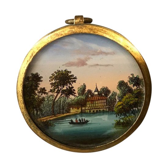 Miniature Petit églomisé Dans Un Cadre En Laiton D’époque 18 ème