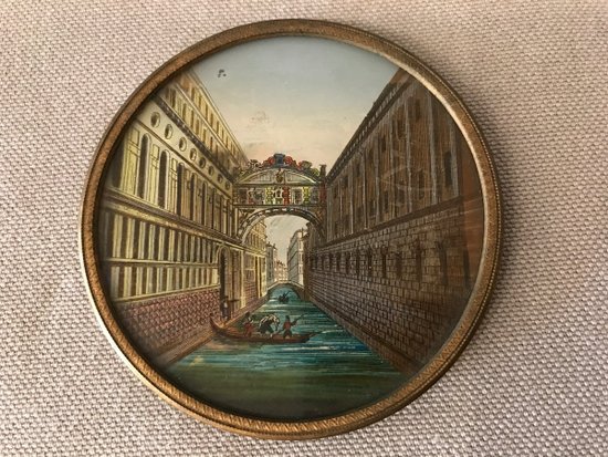 Miniature Petit Cadre Rond Eglomisé Décor De Venise D’époque 18 ème