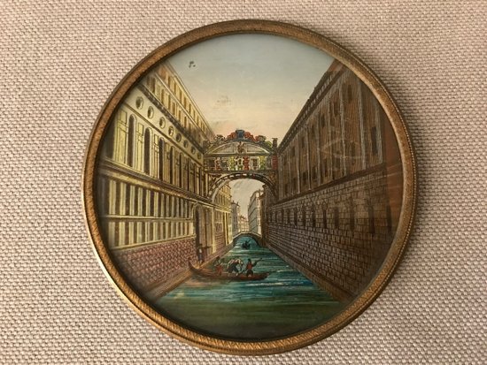 Miniature Petit Cadre Rond Eglomisé Décor De Venise D’époque 18 ème