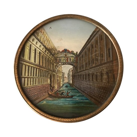 Miniature Petit Cadre Rond Eglomisé Décor De Venise D’époque 18 ème