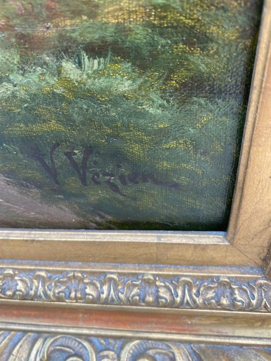 OLIO SU TELA, SCUOLA FRANCESE DEL XIX SECOLO, raffigurante UN GRUPPO DI PECORE E IL SUO CAPPACE, firmato V. VEZIEN