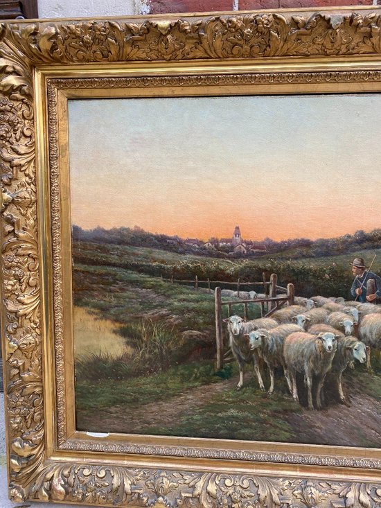 OLIO SU TELA, SCUOLA FRANCESE DEL XIX SECOLO, raffigurante UN GRUPPO DI PECORE E IL SUO CAPPACE, firmato V. VEZIEN