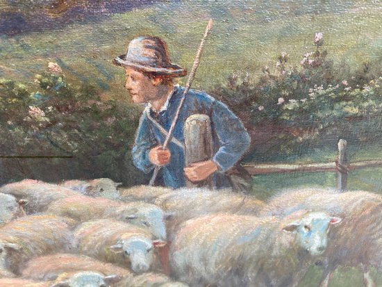OLIO SU TELA, SCUOLA FRANCESE DEL XIX SECOLO, raffigurante UN GRUPPO DI PECORE E IL SUO CAPPACE, firmato V. VEZIEN