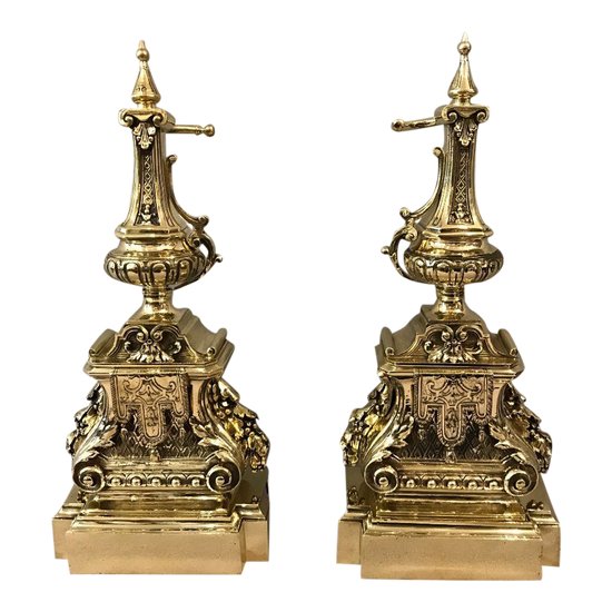 Paire De Chenets Anciens En Bronze D’époque 19ème De Style Louis XVI