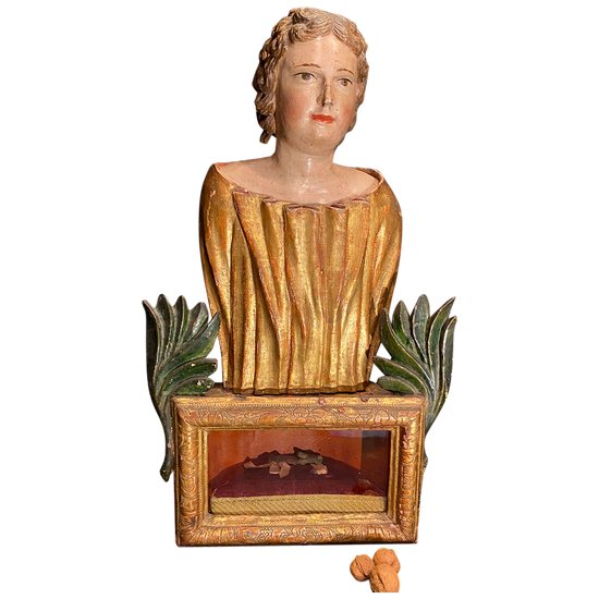 Busto reliquiario in legno dorato e policromo