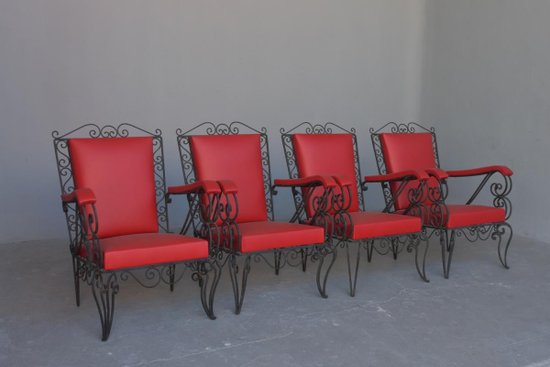 Series 4 Wrought Iron Armchairs 1950's Red Skaï