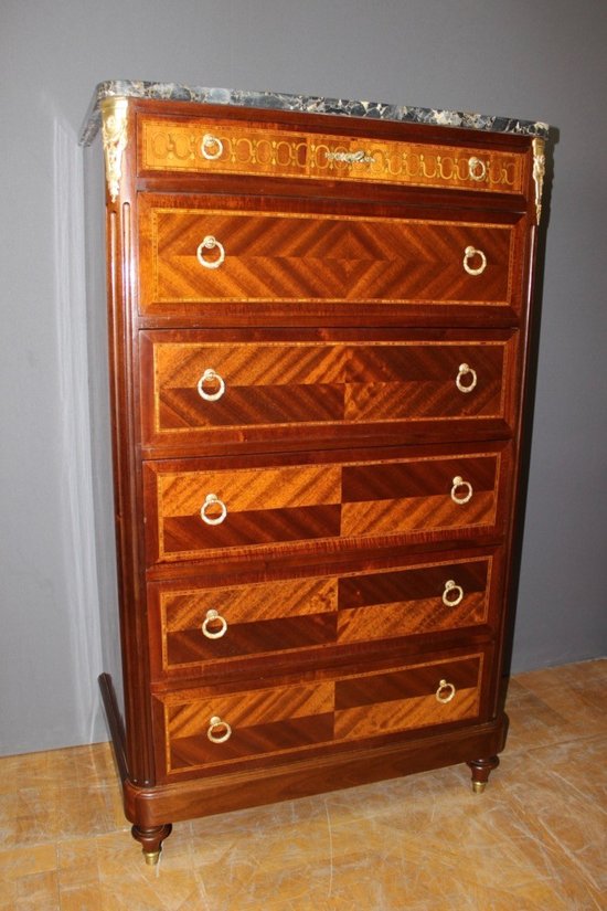 Chiffoniere in mogano e intarsio in stile Luigi XVI, 1925 ca.