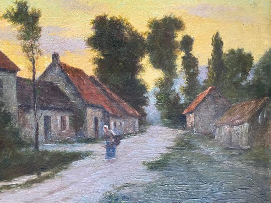 Scuola di Barbizon. Paesaggio abitato. Olio su tela del XIX secolo.