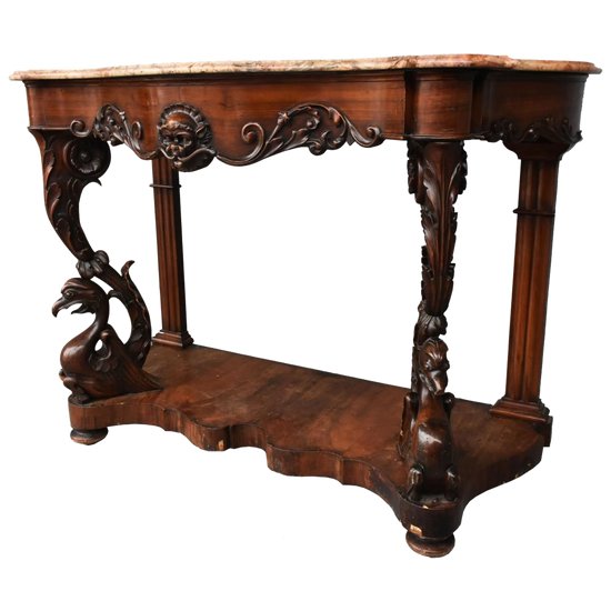 Superb Napoleon III Mahogany Console Mahogany Veneer Richly Carved Nineteenth