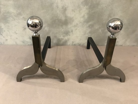 Pair Of Modernist Chromed Metal And Bronze Andirons Circa 1970