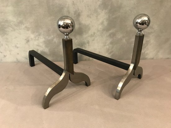 Pair Of Modernist Chromed Metal And Bronze Andirons Circa 1970