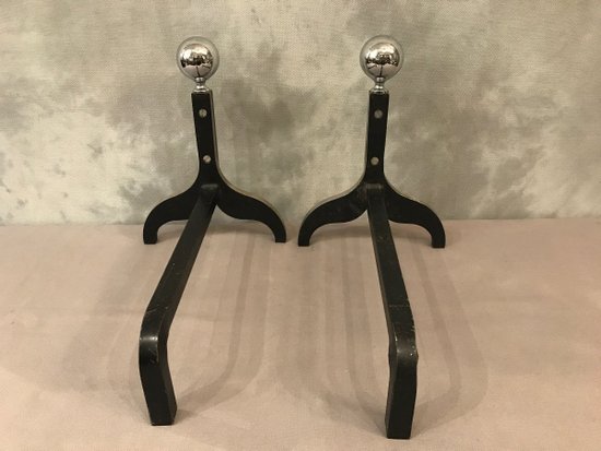 Pair Of Modernist Chromed Metal And Bronze Andirons Circa 1970