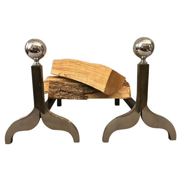 Pair Of Modernist Chromed Metal And Bronze Andirons Circa 1970