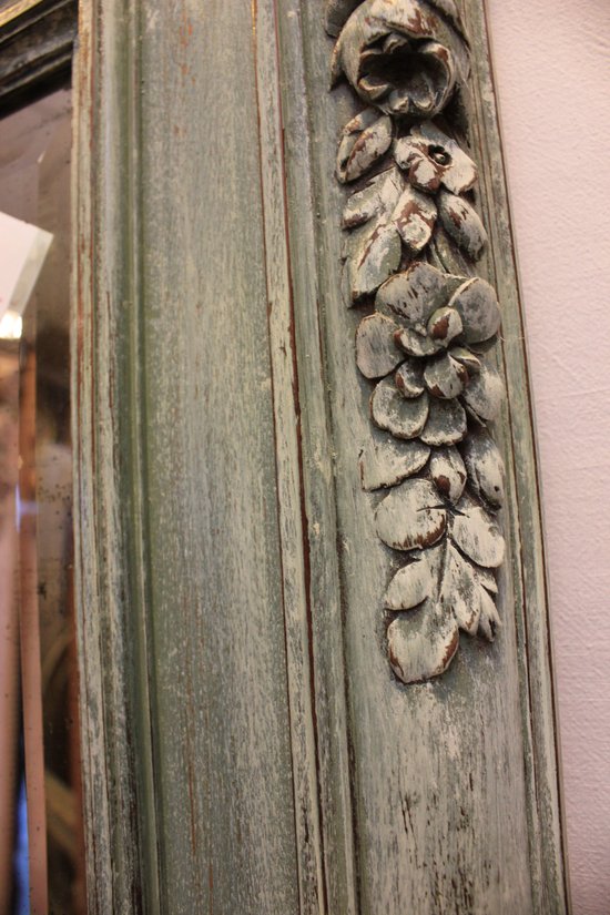 Grand Miroir Bois Sculpté Et Patiné, Glace Biseautée 99 X 168 Cm