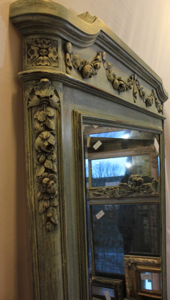Grand Miroir Bois Sculpté Et Patiné, Glace Biseautée 99 X 168 Cm