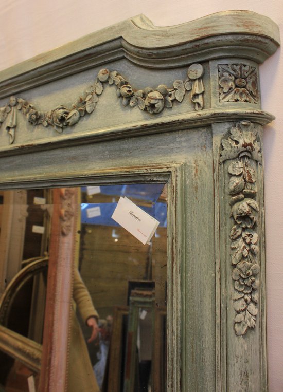 Grand Miroir Bois Sculpté Et Patiné, Glace Biseautée 99 X 168 Cm