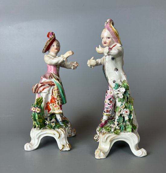 A fine pair of 18thc Bow "New Dancers" figures on rococo footed bases. 1756-65