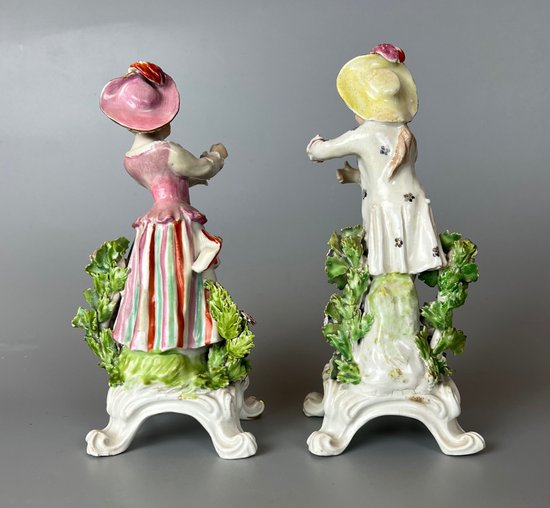 A fine pair of 18thc Bow "New Dancers" figures on rococo footed bases. 1756-65