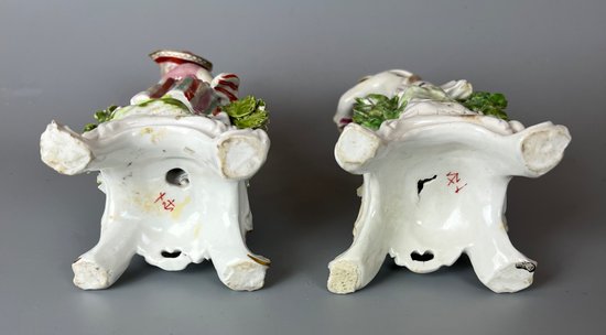 A fine pair of 18thc Bow "New Dancers" figures on rococo footed bases. 1756-65