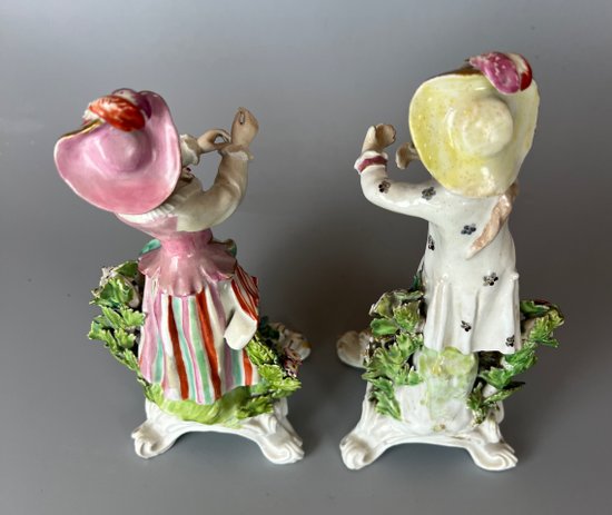 A fine pair of 18thc Bow "New Dancers" figures on rococo footed bases. 1756-65