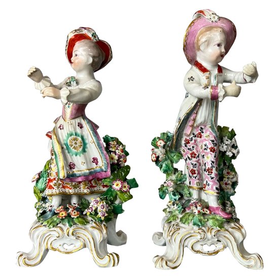 A fine pair of 18thc Bow "New Dancers" figures on rococo footed bases. 1756-65