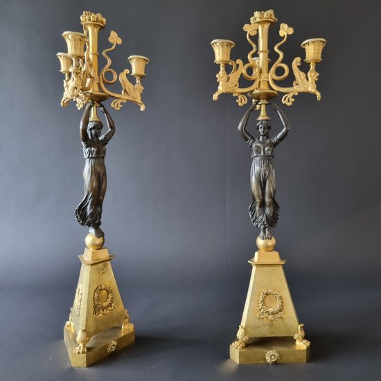 Pair Of Large Candelabra With Caryatids, First Third Of The 19th Century