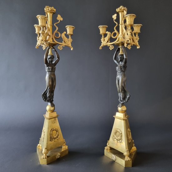 Pair Of Large Candelabra With Caryatids, First Third Of The 19th Century
