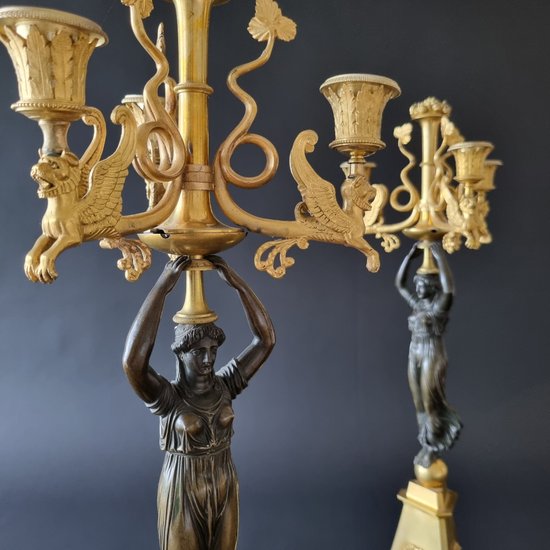 Pair Of Large Candelabra With Caryatids, First Third Of The 19th Century