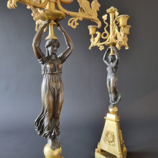 Pair Of Large Candelabra With Caryatids, First Third Of The 19th Century