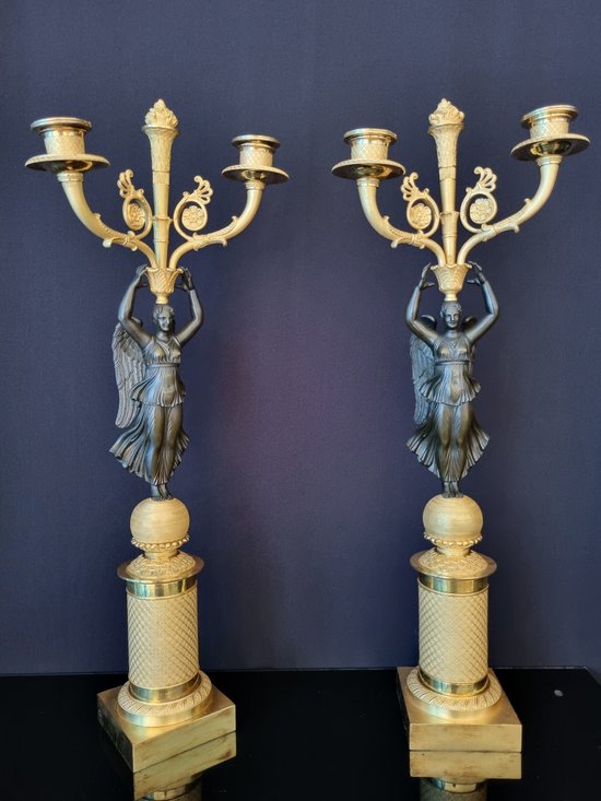 Empire Period: Large Pair Of Candelabra With Winged Victories.