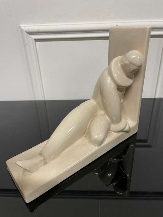Robj - Coppia di fermalibri Pierrot Colombine Art Déco in terracotta incrinata