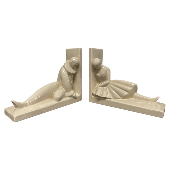 Robj - Pair Of Pierrot Colombine Art Deco Cracked Earthenware Bookends