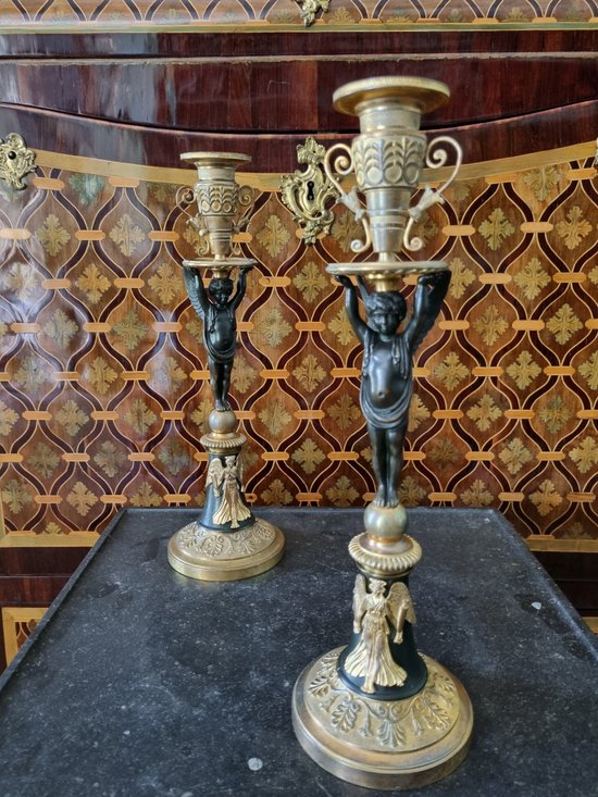 Empire Period, Large Pair Of Candlesticks With Genies.