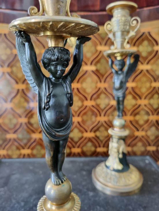 Empire Period, Large Pair Of Candlesticks With Genies.