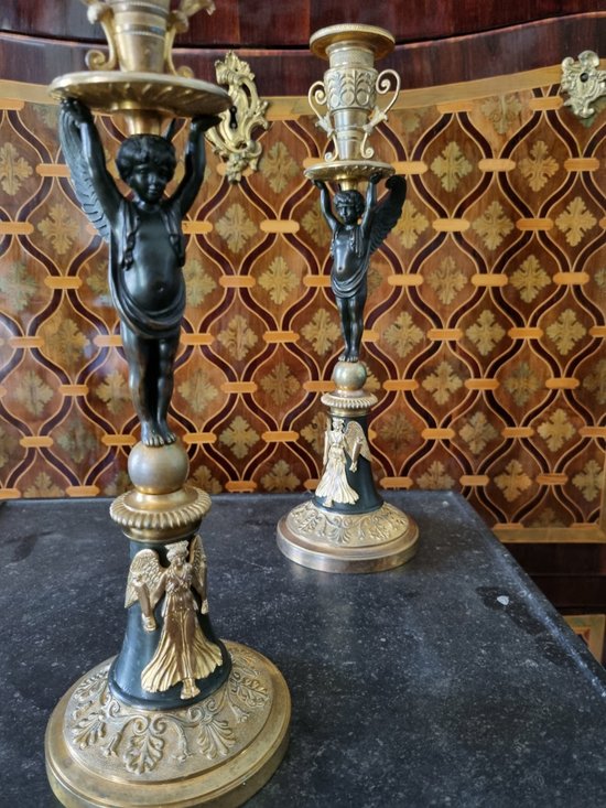 Empire Period, Large Pair Of Candlesticks With Genies.