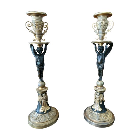 Empire Period, Large Pair Of Candlesticks With Genies.